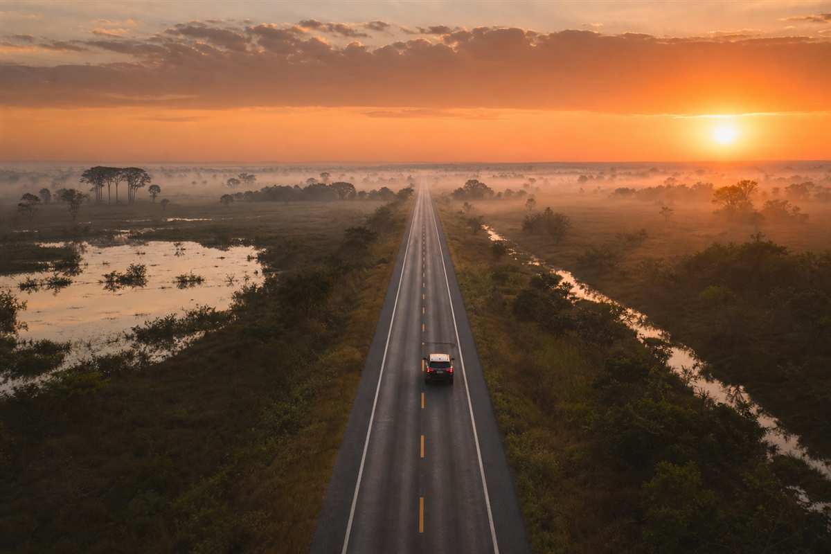 Rodovia cruzando o Pantanal em Mato Grosso ao amanhecer